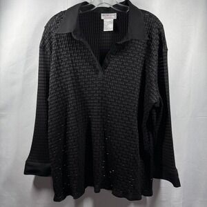 Victor Costa Occasion Pullover Womens 2X Black Textured Beaded‎ Long Sleeve Top